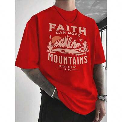 Camiseta "Faith Can Move Mountains" - Camiseta 100% Algodón Pesado, Camiseta Casual de Manga Corta para Hombre - Camiseta Básica de Verano para Hombre (Tallas S-XXXL).Algodón, Retro, Algodón, Camisa de Algodón, Camiseta Gráfica, Romwe, Camiseta Divertida,