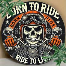 1 tấm tranh treo tường kim loại hình xương người xe máy "Born To Ride" - Tấm biển sắt tròn 8x8 inch, trang trí theo phong cách phi công cổ điển cho quán bar, quán cà phê, câu lạc bộ, nhà bếp, xe máy, thích hợp để trang trí phòng, có lỗ khoan sẵn như hình minh họa. - Nhiều màu - Xem 1