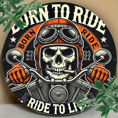 1 tấm tranh treo tường kim loại hình xương người xe máy "Born To Ride" - Tấm biển sắt tròn 8x8 inch, trang trí theo phong cách phi công cổ điển cho quán bar, quán cà phê, câu lạc bộ, nhà bếp, xe máy, thích hợp để trang trí phòng, có lỗ khoan sẵn như hình minh họa.