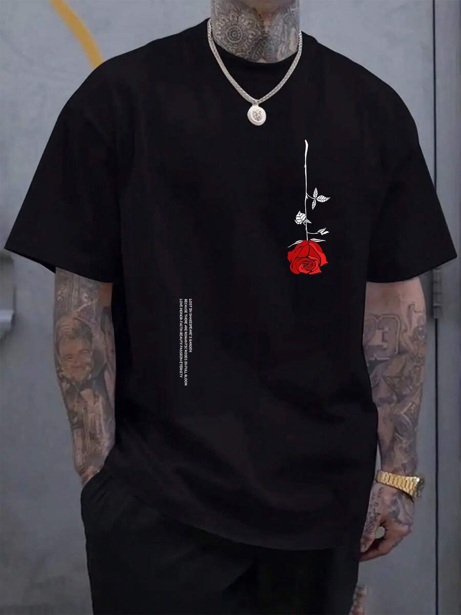Men's Printed Pink T-Shirt, Simple Shirt, 100% Cotton - 黑色 - 查看 1
