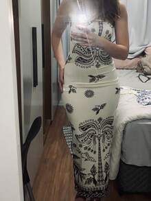 Women's Strapless Midi Dress Tropical Summer - 鏽棕色 - 查看 3