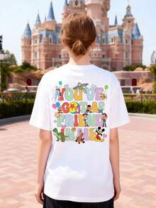 Disney "You've Got A Friend In Me" All Characters Graphic Women's Short Sleeve T-Shirt Playful & Fun Casual Top - 白色 - 查看 3