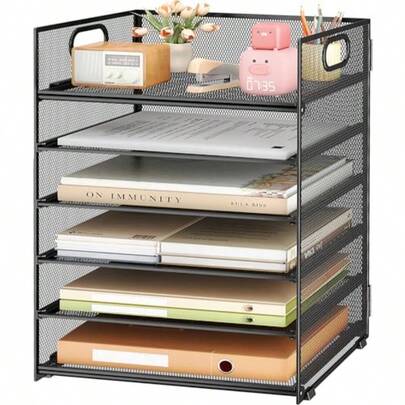 Quality Assurance 6 Tier Paper File Tray Organizer For Desk Black Mesh Desk Letter Paper File Folder Accories Sorter Organizer With Handle Stackable Slide Tray For Office Home Or School Plies Storage