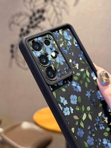 Flower 1pc Blue Floral Pattern Shockproof Silicone Full Coverage Soft Protective Phone Case, Suitable For Android Galaxy A55/A15/S21, S22, S23 FE, S24 Plus, 25 Ultra, SMART 8 Pro, Honor, One Plus, International Version,  Not The Domestic Version - Black - View 2