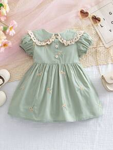 1 件女童刺绣短袖连衣裙，荷叶边领休闲优雅连衣裙，适合幼儿和小女孩，夏季 - 薄荷綠 - 查看 3
