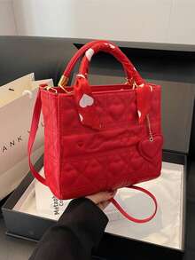 1pc Women's Heart Embossed Scarf Pendant, Textured PU Leather, Can Hold Phone & Lipstick, Zipper, Elegant Lady Style, Suitable For Wedding & Party - Red - View 2