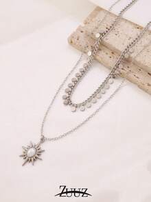1pc Fashion Vintage Stainless Steel Necklace For Women Pearl Sun Charm Round DoubleLayer Necklace Jewelry For Daily Decoration - necklace - View 3