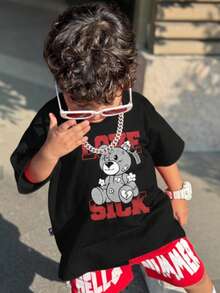 1pc Toddler Boys' Street Cool Black Short Sleeve T-Shirt, LOVE SICK Teddy Bear Letter Print, Casual Loose Fit Top - Black - View 1