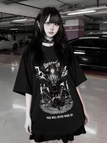 女士圆领短袖T恤，夏季新款动漫图案字母印花，时尚休闲百搭宽松上衣 - 黑色 - 查看 1