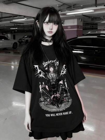 Women's Round-Neck Short-Sleeve T-Shirt, Summer New Anime Pattern And Letter Print, Fashionable Casual Versatile Loose Top