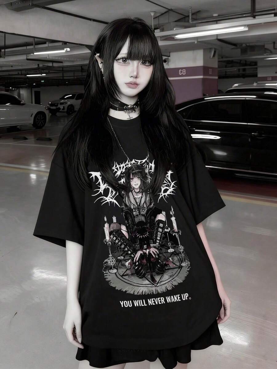 女士圆领短袖T恤，夏季新款动漫图案字母印花，时尚休闲百搭宽松上衣 - 黑色 - 查看 1