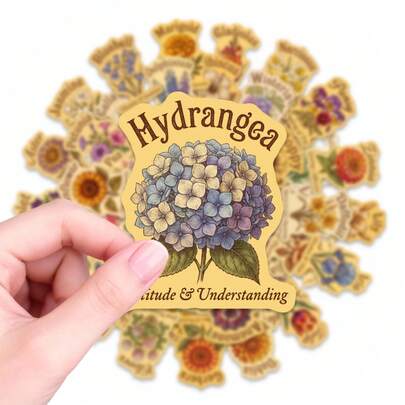 50张复古花卉语言贴纸，美观的植物图案，附带花语说明，防水乙烯基材质，适用于日记、剪贴簿、子弹笔记、计划本、笔记本电脑、水瓶、手机壳、礼品包装、文具工艺品和DIY装饰项目，是手工爱好者、艺术家、学生、上班族和花卉爱好者的理想之选，可为个人物品、创意作品和日常收纳用品增添优雅的自然气息。