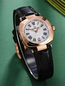 Marvin Reloj de mujer de alta calidad con movimiento de cuarzo suizo, pantalla de fecha de 3 manecillas, movimiento de cuarzo, cristal de zafiro, esfera de nácar, correa de cuero genuino - Negro - Ver 5