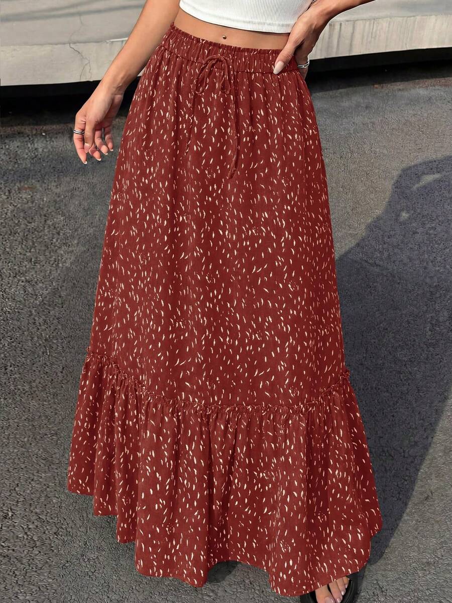 Women Floral Boho Elastic High Waist Flowy Tiered A-Line Maxi Skirt Spring Summer Holiday Beach Vacation Long Skirts With Pockets - 紅色 - 查看 1