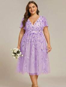 Đầm midi màu tím tay ngắn, cổ chữ V, họa tiết hoa, đính sequin, thanh lịch, thích hợp cho tiệc cưới, kỳ nghỉ hoặc các dịp lễ hội mùa xuân/hè. - Màu Lilac Tím - Xem 1