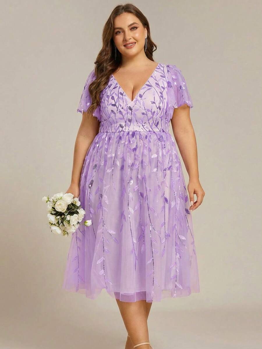 Đầm midi màu tím tay ngắn, cổ chữ V, họa tiết hoa, đính sequin, thanh lịch, thích hợp cho tiệc cưới, kỳ nghỉ hoặc các dịp lễ hội mùa xuân/hè. - Màu Lilac Tím - Xem 1