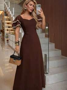 Elegant Women's Long Dress, Solid Color Wedding Party Dress, Puff Sleeves, Suitable For Work, Casual, Holidays, And More. - 鏽棕色 - 查看 2