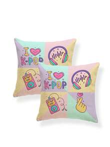 2Pcs K-POP Inspired Throw Pillow Covers, Linen-Look Fabric With Pastel Split Blocks And Fan Symbol Print, Cute Fandom Style Pillow Covers For Teen Bed, Study Desk, Birthday Gift Cushion Covers (No Filling) - Pink - View 8