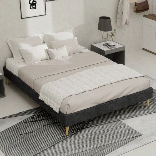 Modern Minimalist Bed Frame, 140 X 200 Cm, Grey, Upholstered In Dutch Velvet, Low Slatted Base, Contemporary Style Bedroom Furniture. Gas Spring, Headboard And Mattress Not Included. - Grey - View 1
