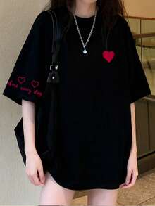 Japanese Style Women's Loose Round Neck Short Sleeve T-Shirt With Letter & Heart Print, Spring/Summer - Black - View 1