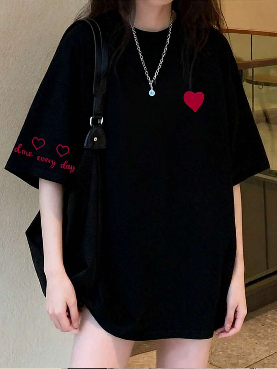 Japanese Style Women's Loose Round Neck Short Sleeve T-Shirt With Letter & Heart Print, Spring/Summer - Black - View 1