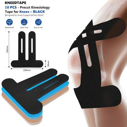 Precut Kinesiology Tape For Knees – 10 PCS Knee Tape For Pain Relief & Support, Elastic Waterproof Sports Tape, Breathable & Latex-Free, Pre Cut Athletic Tape For Workout & Injury Recovery, Black