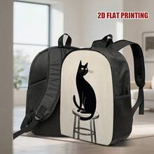 1 Stylish Black Cat Stool Print Backpack - Lightweight Everyday Backpack, Adjustable And Detachable Shoulder Straps, Zipper Closure, Reinforced Handle, Suitable For School, Travel, Commuting, Multi-Functional Design, Durable Construction, 2D Flat Pattern, A Must-Have For  Enthusiasts - 彩色 - 查看 10