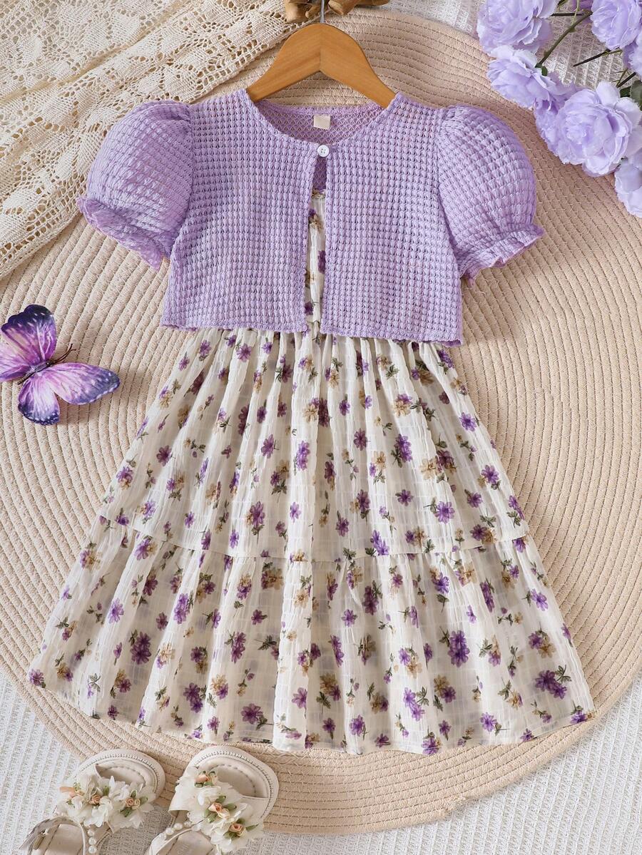 女童春夏泡泡袖针织开衫+碎花吊带裙两件套，清新时尚 - 紫色 - 查看 1