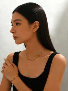 VceTd Bộ trang sức cao cấp phong cách retro bằng thép không gỉ, gồm 1 dây chuyền và 1 vòng tay, dây chuyền và vòng tay hình oval kiểu kẹp giấy, chống phai màu, phụ kiện thời trang unisex, phù hợp cho kỳ nghỉ, lễ hội âm nhạc, du lịch, trang sức đa năng dùng được quanh năm. - Vàng - Xem 6