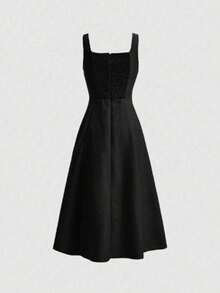 REF: 8030 - Denim Effect Knit Sweater Dress With Thin Sections, Backless And Sleeveless, Elegant Plain Navy Blue Long Dress With Square Neckline And Zipper, Sleeveless, Regular Fit For Women, Casual Daily Wear, Summer Dresses, Spring Clothes - đen - Xem 2