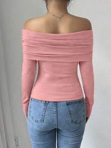 Elegant Long-Sleeved Blouse With Off-Shoulder Detail And Ruffle In Solid Color For Women - Dusty Pink - View 2