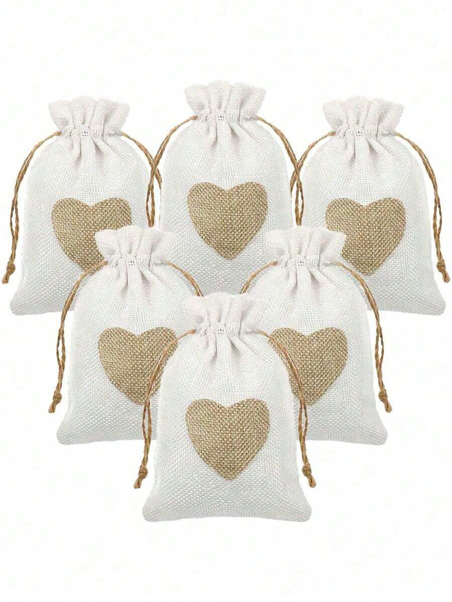 心形亚麻束口袋，心形印花亚麻礼品袋，迷你礼品袋/首饰袋，非常适合婚礼、伴娘礼物、派对、生日和其他节日活动，也可作纪念品。 - 彩色 - 查看 1