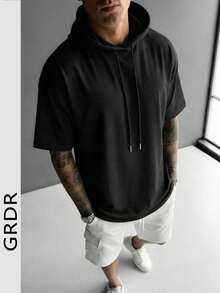 GRDR Men's Casual Sports Hooded Short Sleeve T-Shirt, Fashionable Minimalist Solid Color Short Sleeve Suitable For Running And Daily Wear - Black - View 1