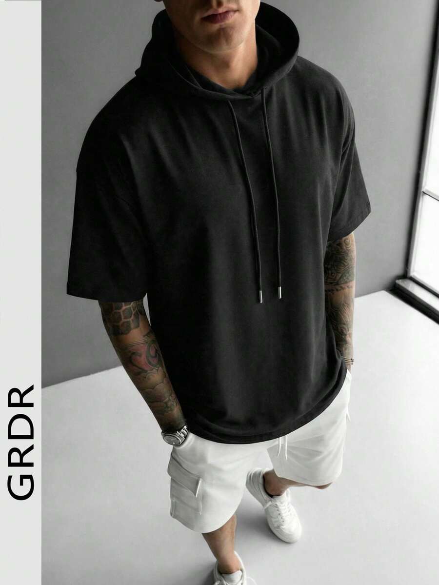 GRDR Men's Casual Sports Hooded Short Sleeve T-Shirt, Fashionable Minimalist Solid Color Short Sleeve Suitable For Running And Daily Wear - Black - View 1