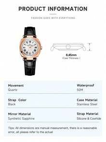 Women's High-Quality Swiss Quartz Analog Three-Hand Date Quartz Watch, Mother-Of-Pearl Dial, Leather Strap - Black - View 10