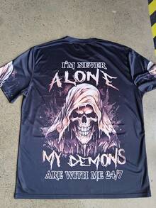 男士“我永远不会孤单，我的恶魔与我同在”骷髅印花短袖T恤 - 彩色 - 查看 5