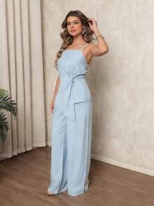 Set Consisting Of A Blouse With Asymmetrical Tie And Wide-Leg Pants, Made Of Marrant Fabric With Pockets. An Elegant Look For Parties, Events, And Everyday Wear. - Light Wash - View 2
