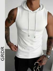 GRDR Men's Summer Casual Solid Color Drawstring Hooded Tank Top - White - View 2