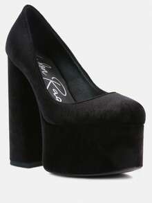 Old Novelty Platform Heel Velvet Pumps - Black - View 2