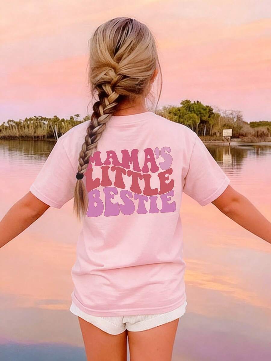 少女休闲印花圆领短袖T恤，适合夏季穿着，热爱冒险的旅行者，女孩，图案T恤，夏季 - 粉色 - 查看 1