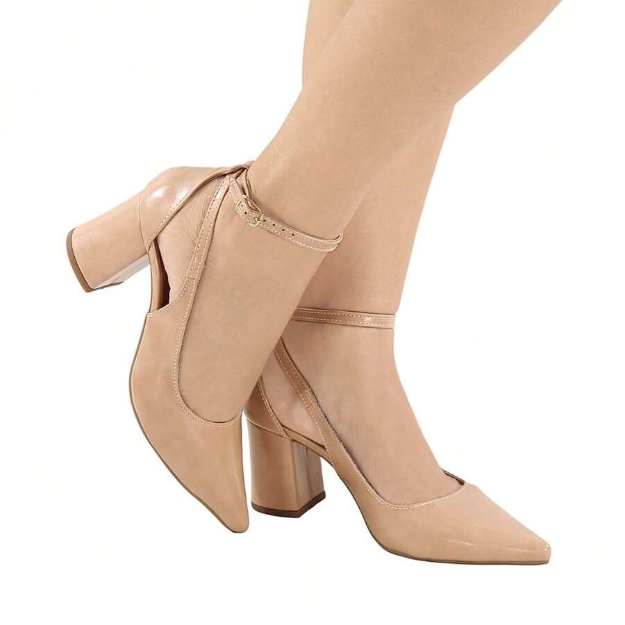 Women's Medium Square Block Heel Stiletto Sandal With Ankle Buckle Closure, Pointed Toe, Comfortable - Khaki - View 1