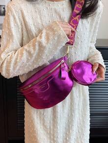 Set de 2 piezas de bolso de cintura con monedero, tela de PU, ligero, bolso pequeño versátil con patrón de moda - Rosa Fucsia - Ver 4