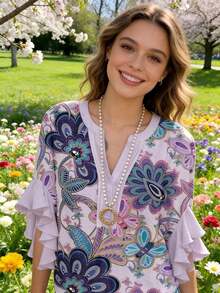 Boho Paisley Floral Print V-Neck Blouse With Double Ruffle Sleeves & Beaded Detail Oversized Casual Top[#RetroVibe #VacationMode #OOTD #FloralBlouse #RuffleSleeves] - Màu tím hoa cà - Xem 3