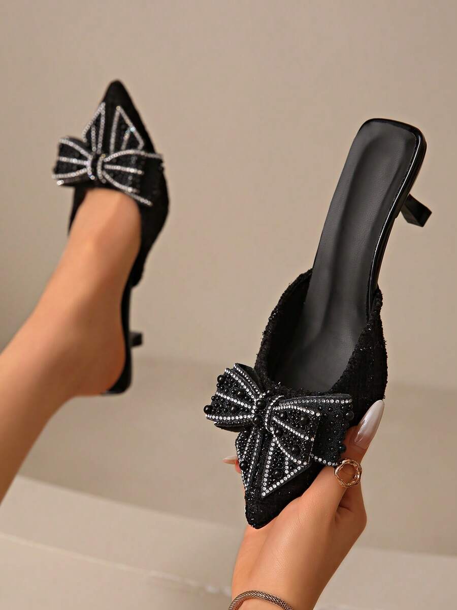 黑色高跟鞋，羊毛面料，时尚水钻蝴蝶结装饰，尖头穆勒鞋，套脚细高跟鞋，仙女风，春夏新品，黑色露趾高跟凉鞋，猫跟女鞋，性感正式高跟鞋，适合搭配连衣裙和旗袍