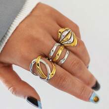 Frminee 3 PCS / 1 PC Stainless Steel Geometric Line Wide Ring 18K Gold Plated Metal Layered Waterproof Daily Simple Stylish Golden Jewelry For Women - Gold and Silver - View 6