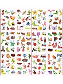 12 Sheets (142 Insect Patterns) Temporary Tattoo Stickers, Waterproof Fun Art Puzzle Cartoon Stickers, Bee Ant Snail Ladybug Element Patterns, Suitable As Birthday Party Gifts - Multicolor - View 3