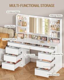 HaluPeit Dressing Table With Bulb Light, Vanity Desk With 1 Large Drawer And 8 Small Drawer Cabinets, Adjustable Brightness, Large HD Mirror, 9 Open Storage Areas, 150 Desktop, White - White - View 4