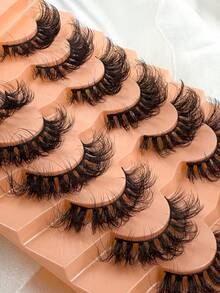 7对卷曲奢华蓬松浓密夸张凌乱仿貂毛假睫毛，可重复使用，柔软舒适，整条假睫毛，超长柔软自然仿貂毛假睫毛，条状假睫毛 - 黑色 - 查看 4