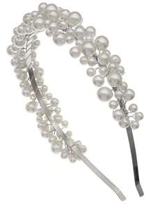 1PC French Style Faux Pearl Beaded Headband For Women, Elegant Oversized Cluster Pearl Hair Hoop, Bridal Wedding Party Hair Accessories, Chic Glossy Headpiece - 銀色 - 查看 9