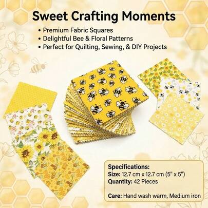 5英寸拼布魅力包 黄色蜜蜂、向日葵、花卉图案布料套装，5x5英寸拼布缝纫贴花工艺装饰42件套